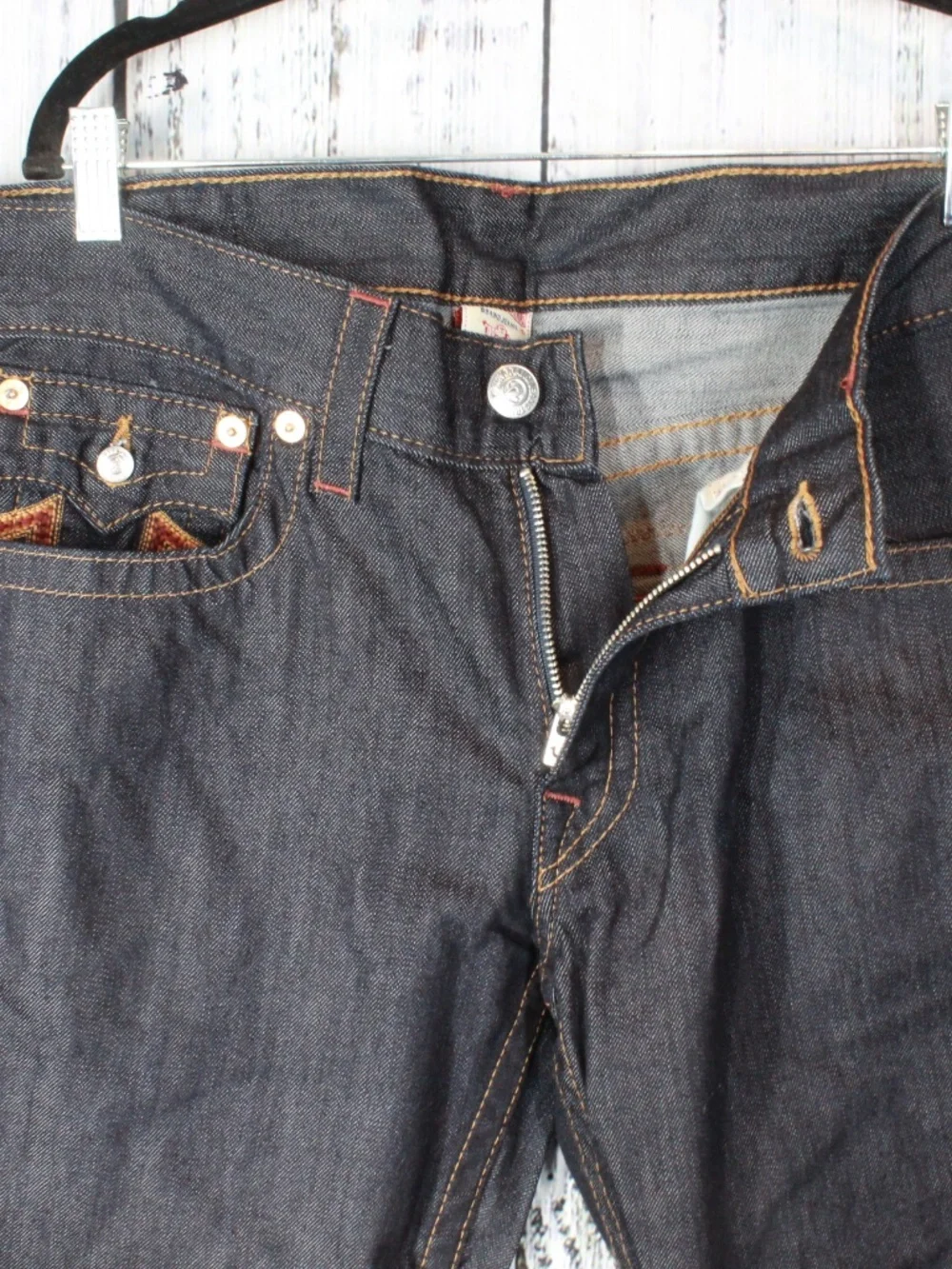 NWT True Religion Straight Leg Flap Jeans Sunset Logo Orange Red Stitch Size 33